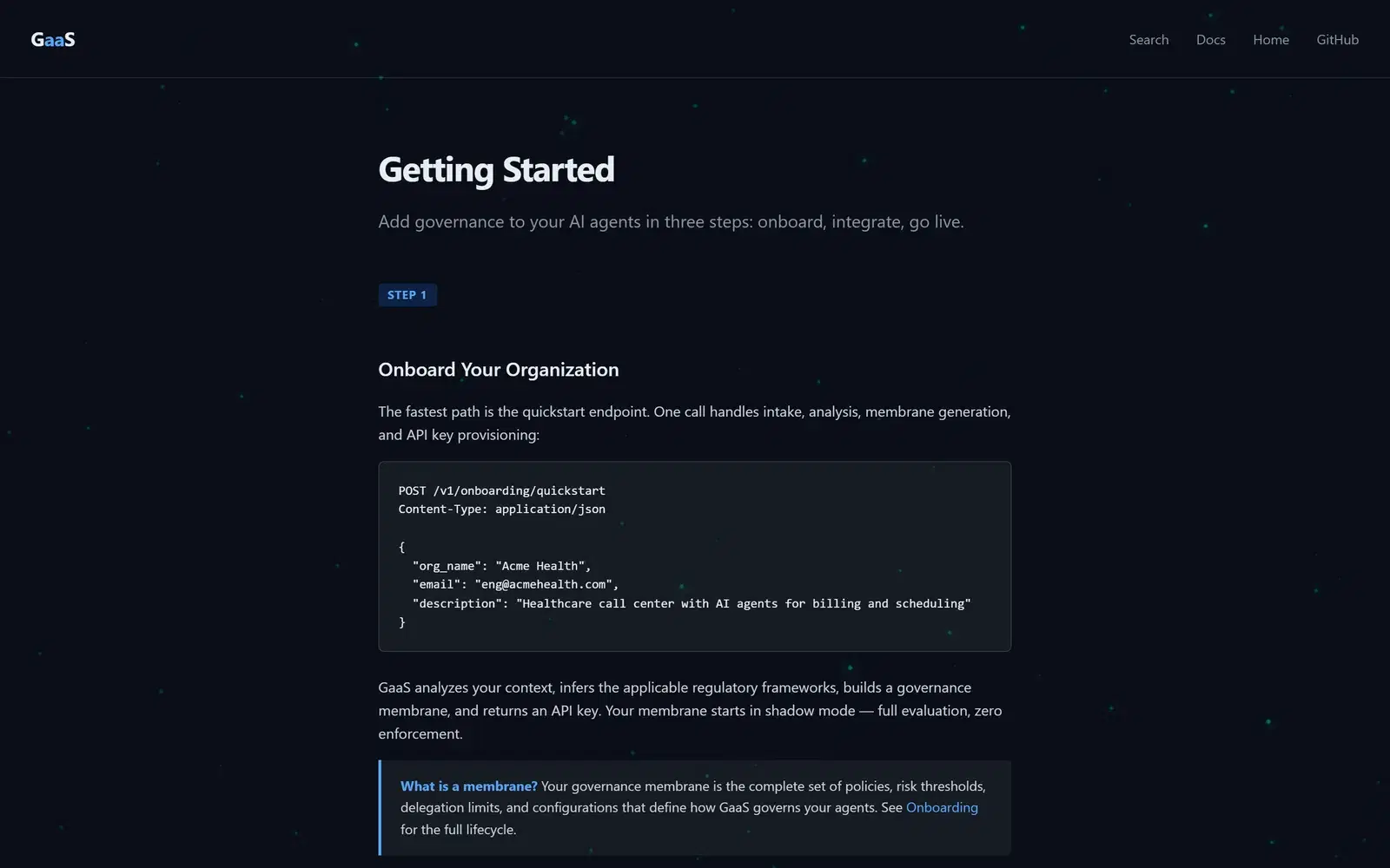 GaaS developer documentation — Getting Started quickstart with code example at gaas.to